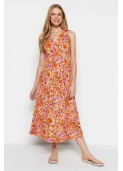  Collection Orange Flower Patterned V-Neck Sleeveless A-Line Maxi Knitted Dress TWOSS22EL1588