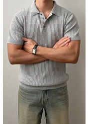 Tarz Cool Men's Gray Corded Buttoned Polo Neck Knitwear T-Shirt