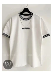 warn تي شيرت صيفي بأكمام مطبوعة وياقة كبيرة الحجم للجنسين بتفاصيل مضلعة باللون الأسود والأبيض