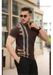 Miron Brown Print Detailed Polo Neck Short Sleeve T-Shirt -2519
