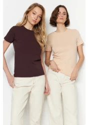  Collection Brown-Beige 100% Cotton 2-Pack Basic Crew Neck Knitted T-Shirt TWOSS20TS0141