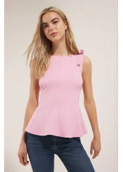  Collection Pink Zero Sleeve Peplum Waist Hugging Shoulder Bow Detail Knitted Blouse Twoss25Bz00482