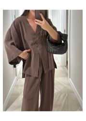 Lavanta Tekstil V Neck Single Button Kimono Pants Suit