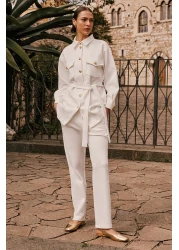  Modest Ecru Gold Scuba Button Detailed Top and Bottom Set - TCTSS24US00017