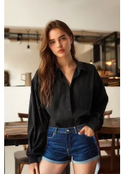 Collection Black Single Pocket Boyfriend/Wide Fit Cotton Woven Shirt TWOAW20GO0115