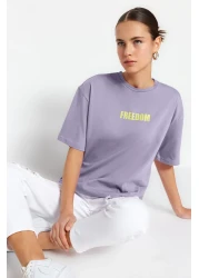  Collection Lilac 100% Cotton Slogan Printed Relaxed/Comfortable Fit Crew Neck Knitted T-Shirt TWOSS21TS0316