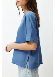  Collection Indigo 100% Cotton Cut and Slit Detailed Oversize/Comfortable Cut Knitted T-Shirt TWOSS24TS00027