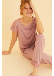 Siyah İnci Lilac Lace Detailed Soft Touch Slim Knitted Pajamas Set