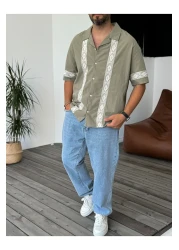 BYBASICMAN Khaki Lace Embroidered Short Sleeve Shirt V-847