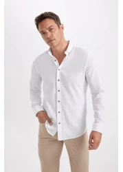 Defacto Modern Fit Buttoned Polo Neck Linen Look 100% Cotton Long Sleeve Shirt T6284Azns
