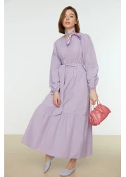  Modest Lilac Crew Neck Waist Belted Woven Dress TCTSS21EL3330