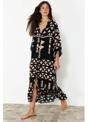  Collection Black Midi Wide Cut Border Pattern Detailed Woven Dress Twoss24El01019