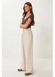 Happiness İstanbul بنطال نسائي واسع الساق من الكتان الكريمي المخلوط MX00211