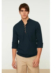  Collection Navy Blue Slim Fit Prevailing Collar Shirt - 100% Cotton, Half Placket, Buttoned TMNSS20GO0097