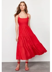  Collection تنورة حمراء مفتوحة الخصر من مزيج القطن فستان ماكسي منسوج TWOSS24EL00386