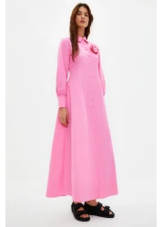  Modest فستان قميص منسوج بأزرار على شكل زهرة وردية للأم والابنة TCTSS24EB00029