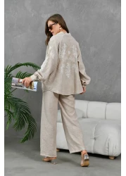 Miss Allos Linen Kimono Jacket and Trousers Set with Embroidery Detail - Women