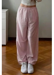 Karakedi Striped Waist Elastic Basic Comfortable Slim Trousers