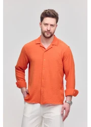 Gray Clothing Men's Summer Shirt Textured Loose Fit Long Sleeve Summer Oversize Men's Shirt Orange