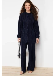  Modest Navy Blue Pleated Knitted Top and Bottom Set TCTSS24US00040