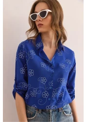 Olalook Women's Ivy Saks Blue Sleeve Fold Linen Shirt Gml- 19000825