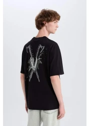 Defacto تي شيرت 100% قطن الفايكنج فالهالا بوكسي بياقة دائرية وطباعة خلفية وأكمام قصيرة E3277AX25SM