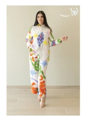 LINELLE Ladies Co-ord Pant Set- Colorful Printed White Shirt and Pant with Long Sleeves