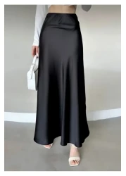 Ezva Women's Stylish Satin Belt Elastic 85 cm Flared Maxi Length Skirt