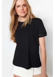  Collection Black 100% Cotton Basic Crew Neck Knitted T-Shirt with Embroidery Detail TWOSS23TS00012