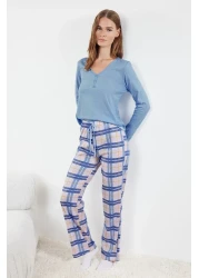  Collection طقم بيجامة منقوشة باللون الأزرق 100% من القطن - تفاصيل ربط وأزرار THMAW25PT00004