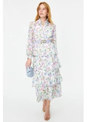  Modest Blue Belted Lined Chiffon Floral Woven Dress TCTSS24EB00024