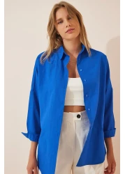 Happiness İstanbul قميص أساسي طويل كبير الحجم باللون الأزرق الداكن للنساء DD00842