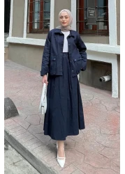 lamelif Pocket Detailed Double Skirt Hijab Suit Navy Blue