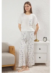  Collection White-Blue Floral Single Jersey Knitted Pajamas Set Thmss25Pt00212