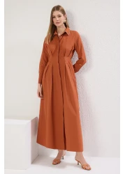  Modest فستان قميص منسوج بتفاصيل لؤلؤ القرفة TCTSS25EB00088