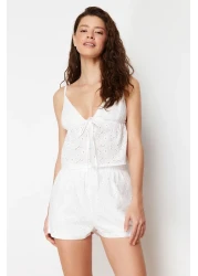  Collection White Floral Lined Self Pattern Shorts Woven Pajamas Set Thmss24Pt00075