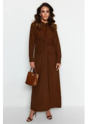  Modest Brown Front Knot and Zipper Detailed Woven Dress TCTSS23EB00137