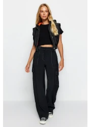 Collection Black Cargo Wide Leg Woven Trousers with Contrast Stitching Detail TWOSS21PL0288