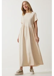 Happiness İstanbul Women's Vanilla Gathered Long Knitted Dress MC00272