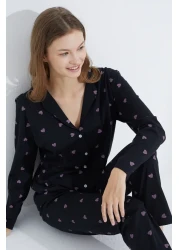 Siyah İnci Black Pink Heart Buttoned Knitted Pajama Set
