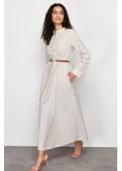  Modest Beige Striped Belt Detailed Woven Dress TCTSS24EB00171
