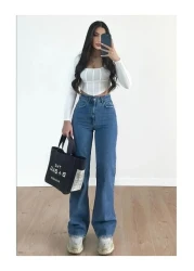 kotmodası Christian 90's Medium Blue Palazzo Loose Leg Super High Waist Jean Pants