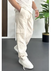 Edwox Men's Cargo Pocket Adjustable Leg Baggy Trousers Cream Edw355