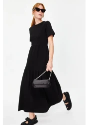  Collection Black Gathered Short Sleeve Knitted Maxi Dress TWOSS24EL00132