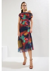  Collection Multicolored Patterned Lined Tulle Knitted Stylish Evening Dress Night Graduation Dress Tprss25El00015