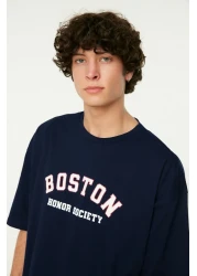  Collection Navy Blue Oversize Socks, Short Sleeve Boston Printed Cotton T-Shirt