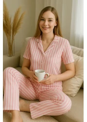 FENZO Women's Striped and Stylish Cotton Double Pink Bottom Top Double Set