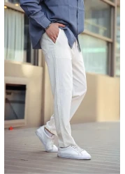 1blood بنطلون رجالي صيفي مريح من مزيج الكتان باللون الأبيض - أبيض