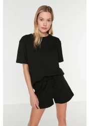  Collection Black Waffle Fabric Knitted Pajamas Set with Shorts Thmss22Pt0524