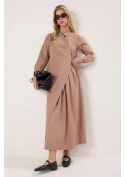  Modest Camel Double Breasted Closure Pleated Cotton Woven Dress Tctss25Eb00065